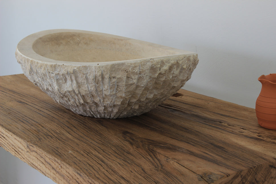 Hand-Carved Raw Chiseled Travertine Vessel Sink – Oval Organic Natural Stone Basin