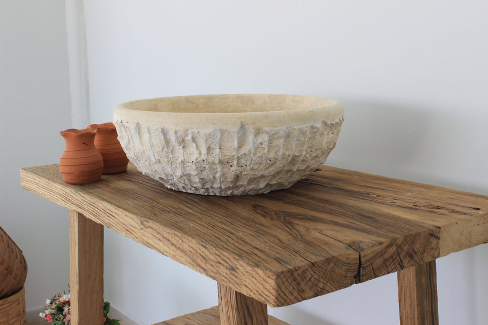 Natural Travertine Round Vessel Sink - Hand-Chiseled Raw Stone Basin