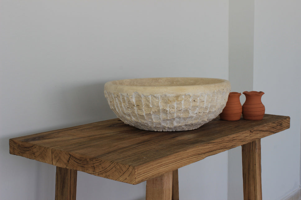 Natural Travertine Round Vessel Sink - Hand-Chiseled Raw Stone Basin