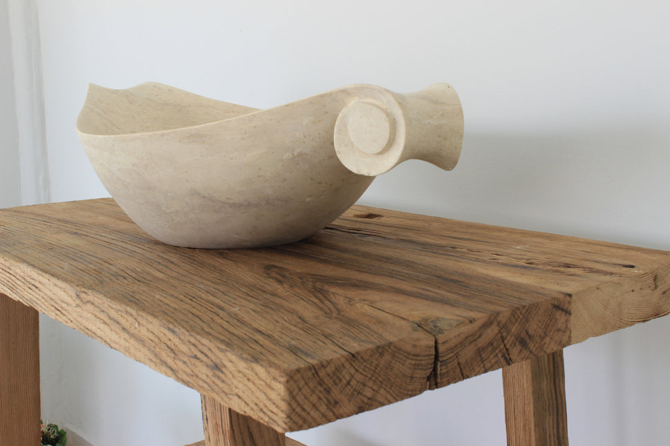 Scroll-Edge Beige Travertine Vessel Sink - Hand-Carved Sculptural Basin