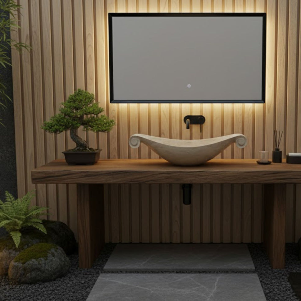 Scroll-Edge Beige Travertine Vessel Sink - Hand-Carved Sculptural Basin