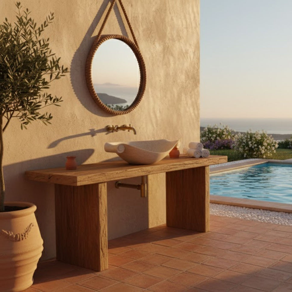 Scroll-Edge Beige Travertine Vessel Sink - Hand-Carved Sculptural Basin