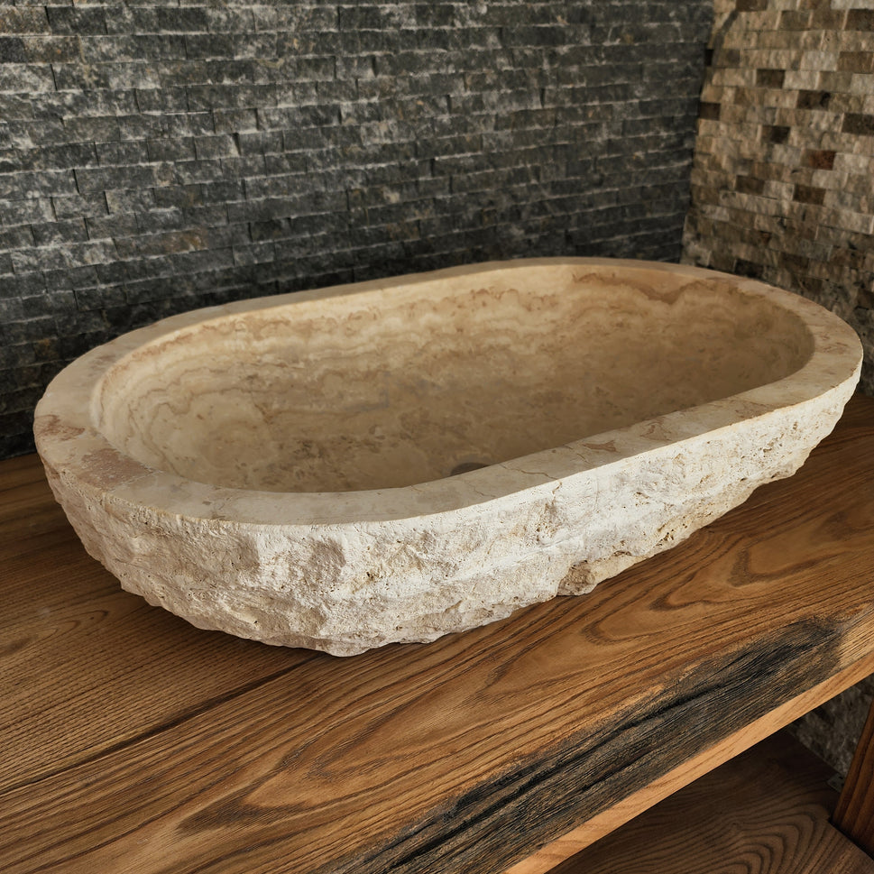 Solid Travertine Oval Vessel Sink - Hand-Chiseled Raw Exterior Basin