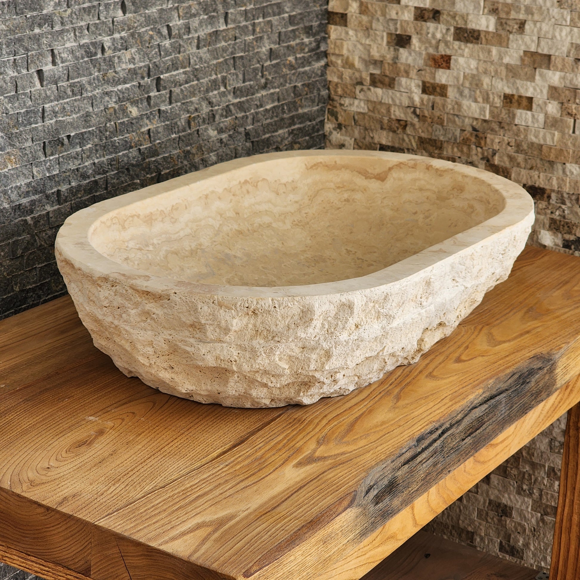 Solid Travertine Oval Vessel Sink - Hand-Chiseled Raw Exterior Basin