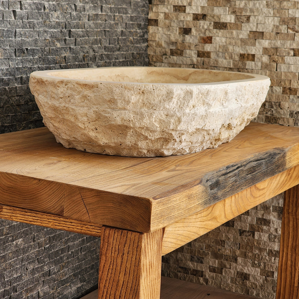 Solid Travertine Oval Vessel Sink - Hand-Chiseled Raw Exterior Basin