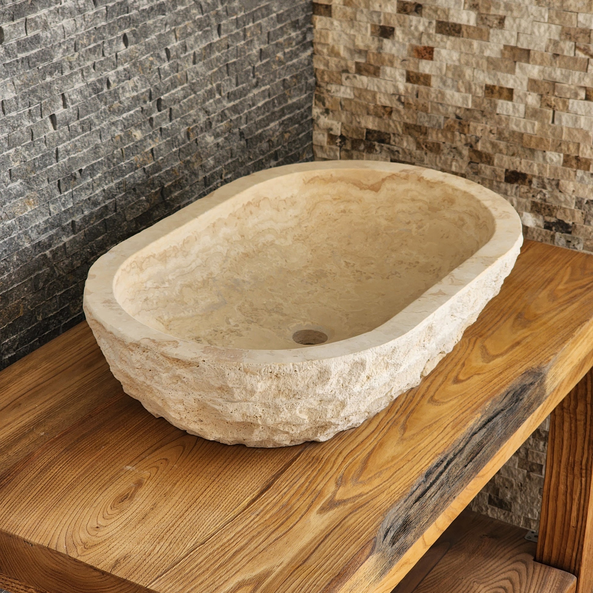 Solid Travertine Oval Vessel Sink - Hand-Chiseled Raw Exterior Basin