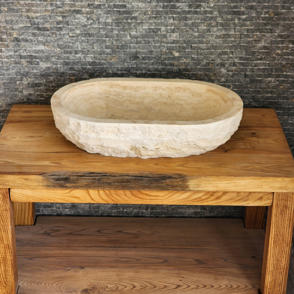 Solid Travertine Oval Vessel Sink - Hand-Chiseled Raw Exterior Basin
