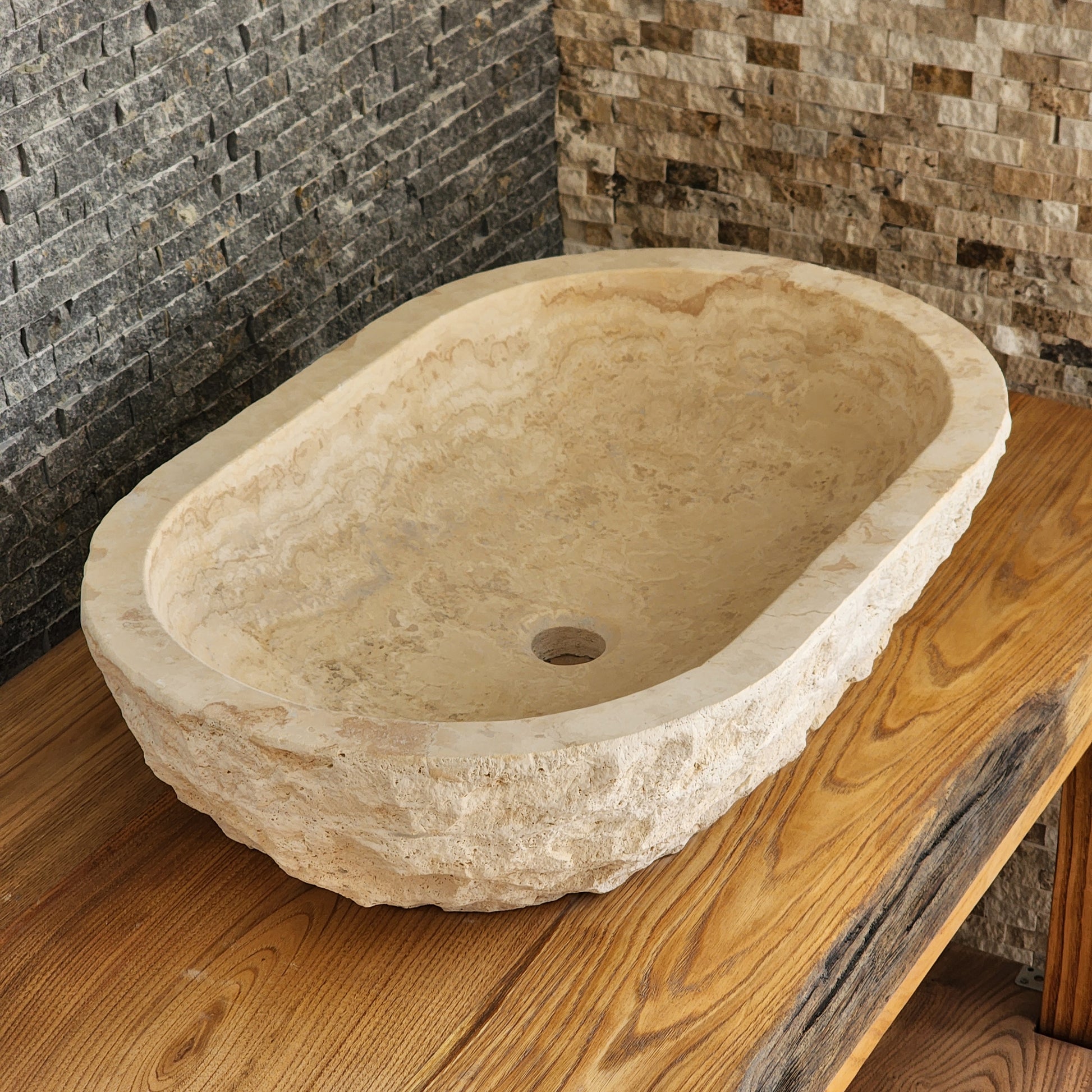 Solid Travertine Oval Vessel Sink - Hand-Chiseled Raw Exterior Basin