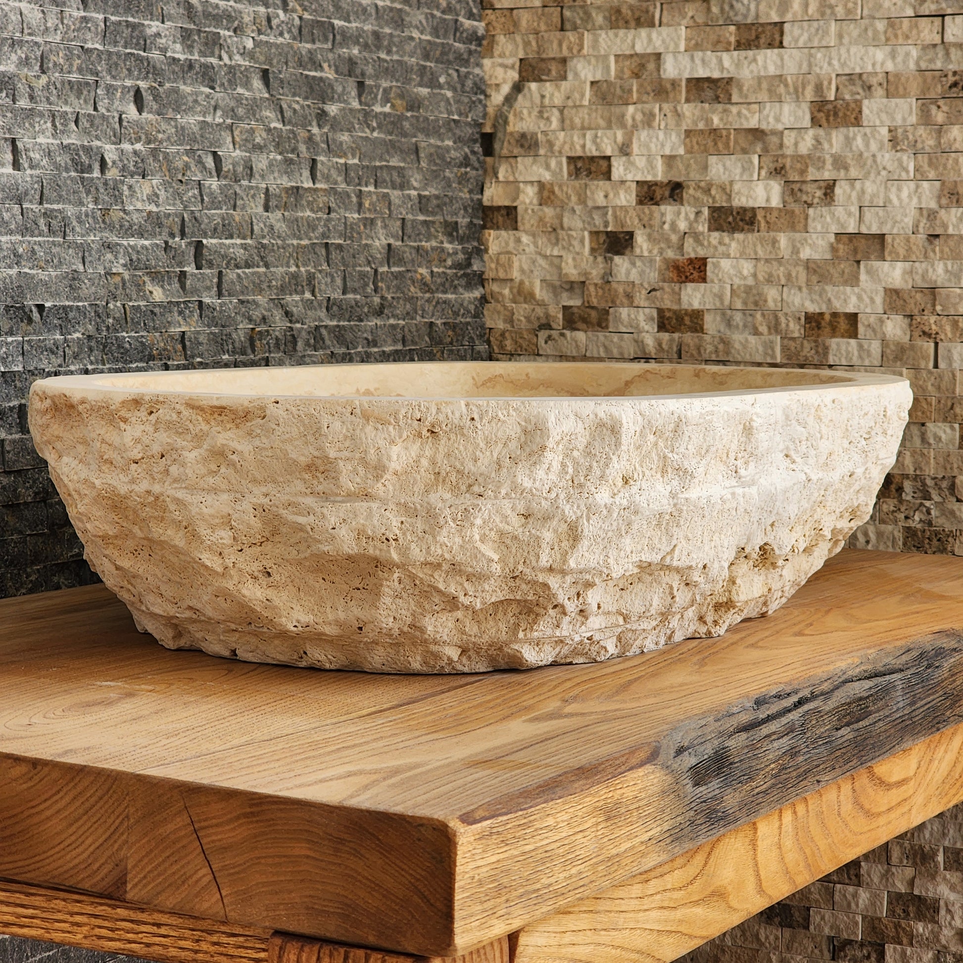 Solid Travertine Oval Vessel Sink - Hand-Chiseled Raw Exterior Basin