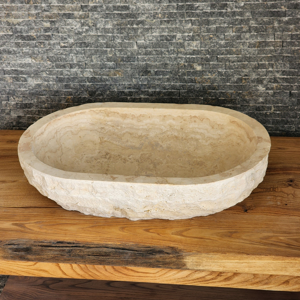 Solid Travertine Oval Vessel Sink - Hand-Chiseled Raw Exterior Basin