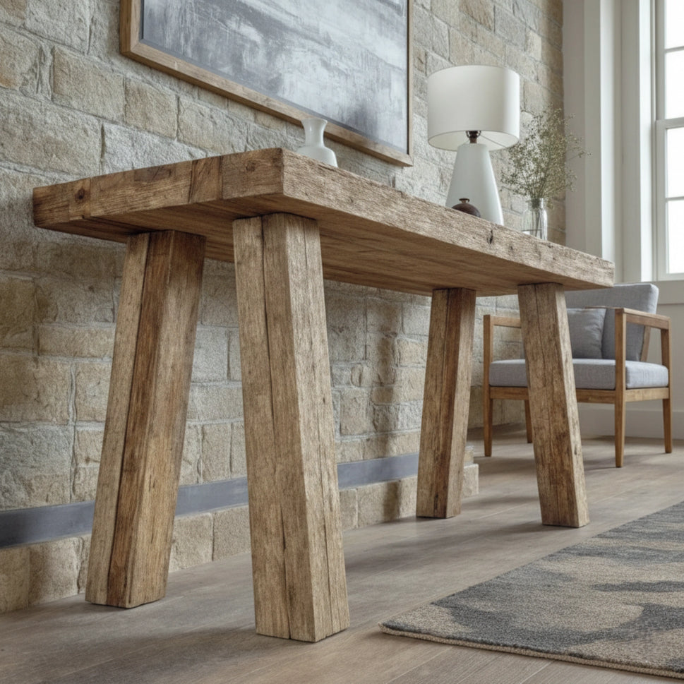 Splayed Leg Beam Console Table - Rustic Entryway Live Edge
