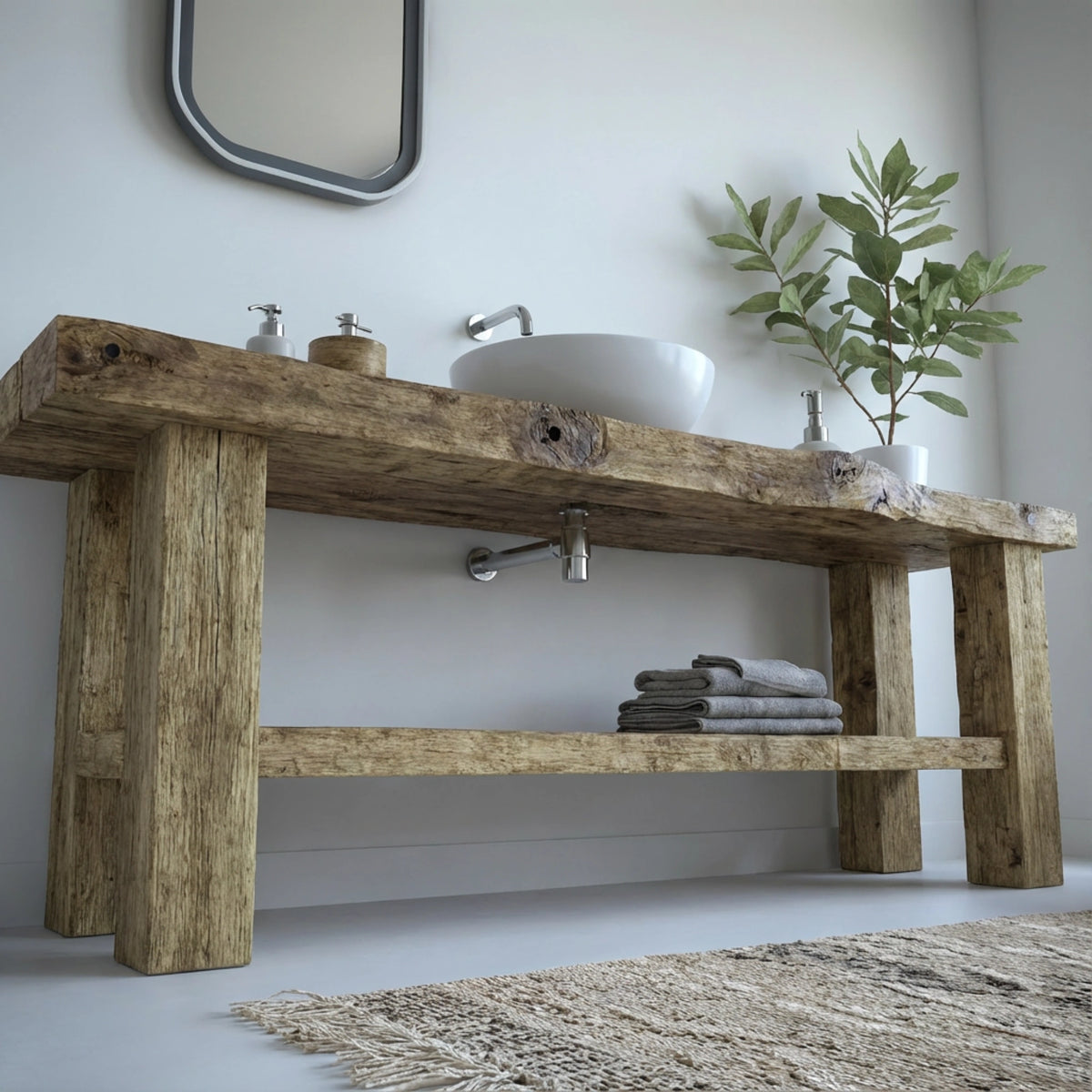 Long Beam Vanity with Lower Shelf - Rustic Farmhouse Live Edge