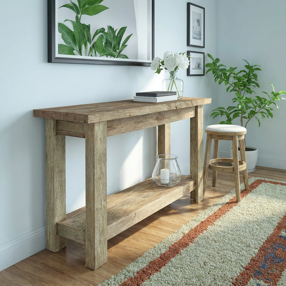 Pale Reclaimed Console with Lower Shelf - Rustic Entryway Live Edge