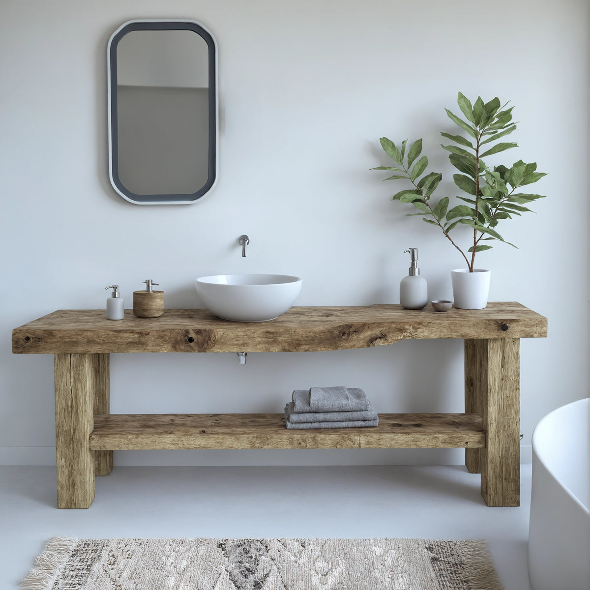 Long Beam Vanity with Lower Shelf - Rustic Farmhouse Live Edge