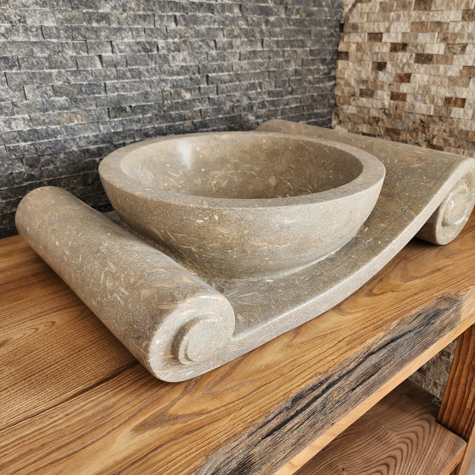 Asymmetrical Marble Scroll Vessel Sink - Hand-Carved Sculptural Basin