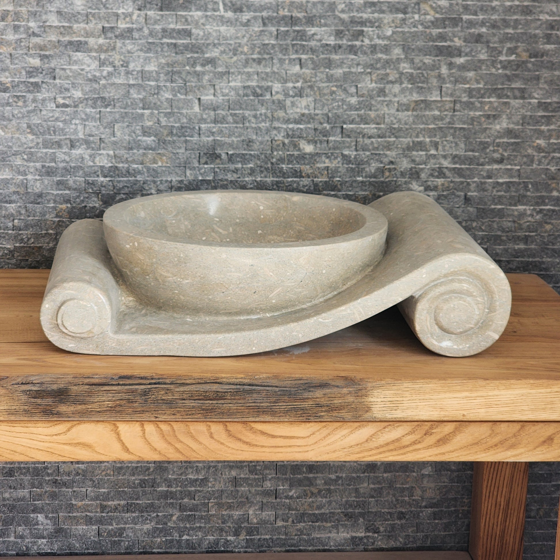 Asymmetrical Marble Scroll Vessel Sink - Hand-Carved Sculptural Basin