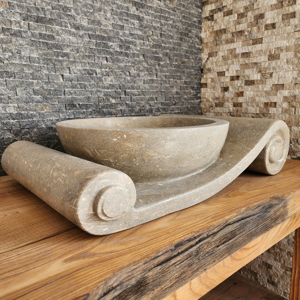 Asymmetrical Marble Scroll Vessel Sink - Hand-Carved Sculptural Basin