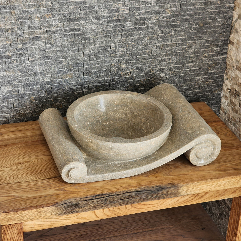 Asymmetrical Marble Scroll Vessel Sink - Hand-Carved Sculptural Basin
