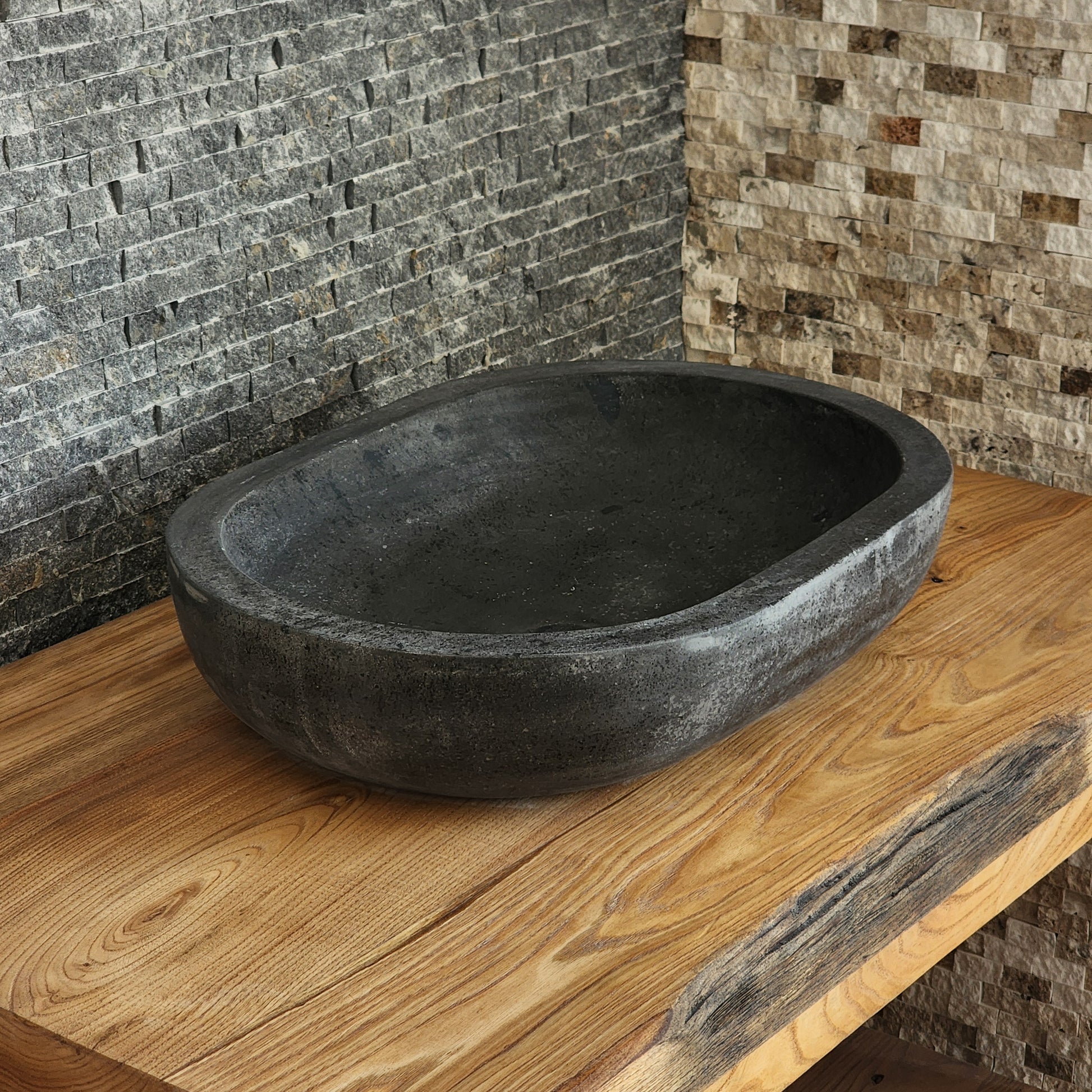 Solid Basalt Oval Vessel Sink - Hand-Carved Black Volcanic Stone Basin