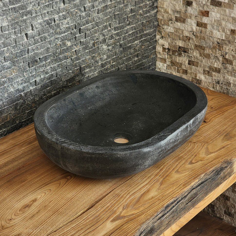 Solid Basalt Oval Vessel Sink - Hand-Carved Black Volcanic Stone Basin