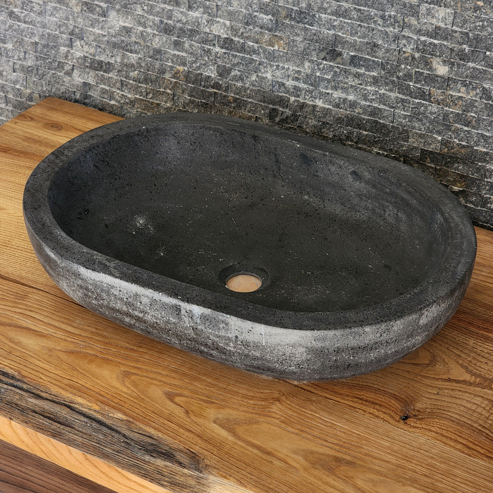 Solid Basalt Oval Vessel Sink - Hand-Carved Black Volcanic Stone Basin