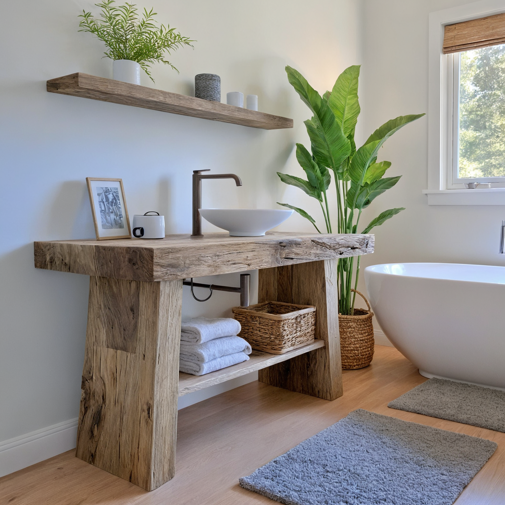 Rustikaler Badezimmer-Waschtisch mit Einzel- oder Doppelwaschbecken – schmales Live Edge-Holz