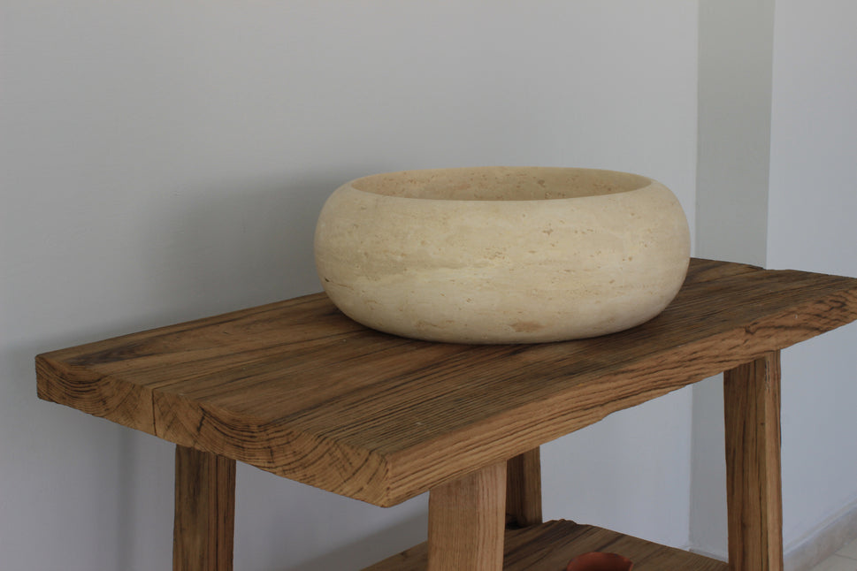 Hand-Carved Round Travertine Vessel Sink – Classic Circular Natural Stone Basin