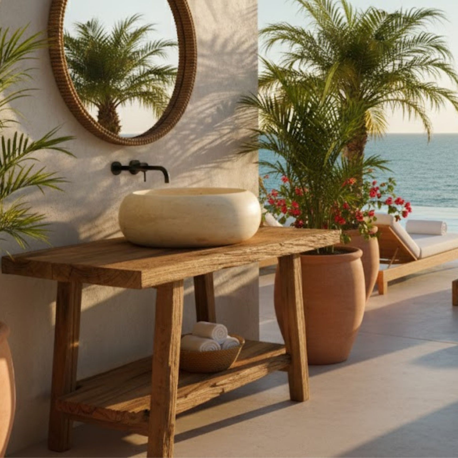 Hand-Carved Round Travertine Vessel Sink – Classic Circular Natural Stone Basin