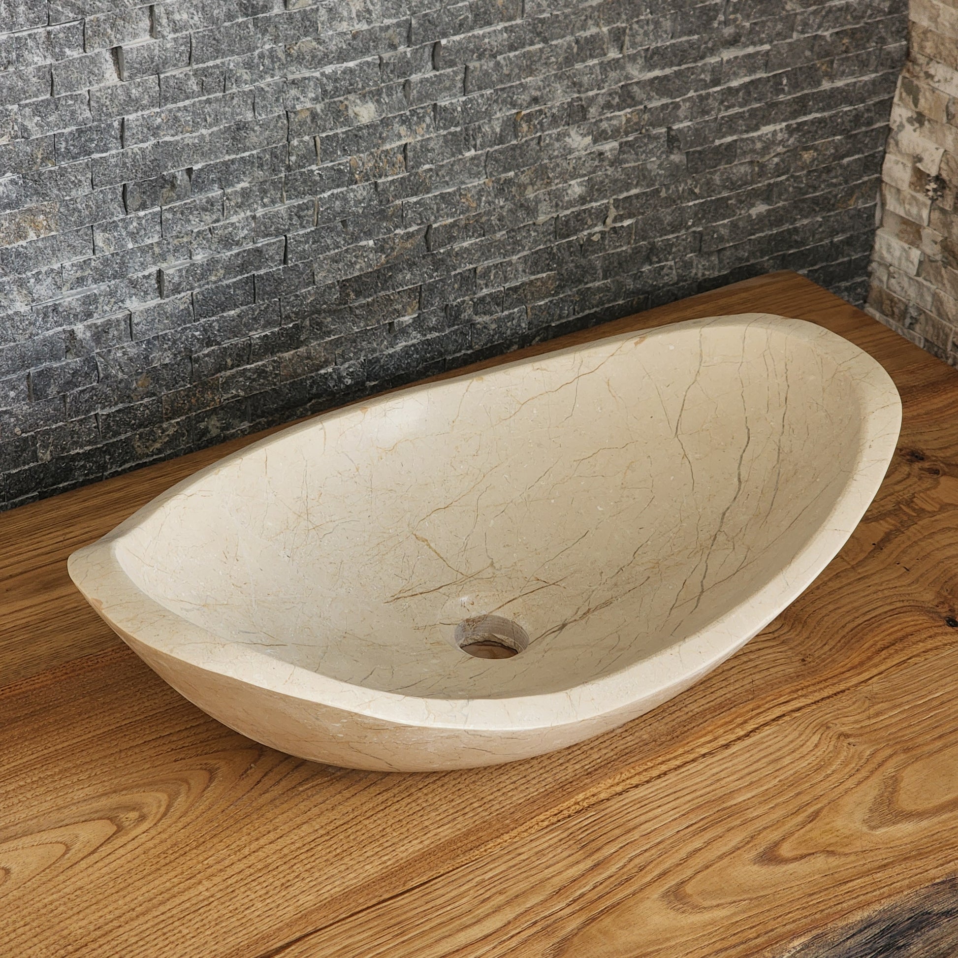 Cream Stone Boat-Shaped Vessel Sink - Sculptural Oval Basin
