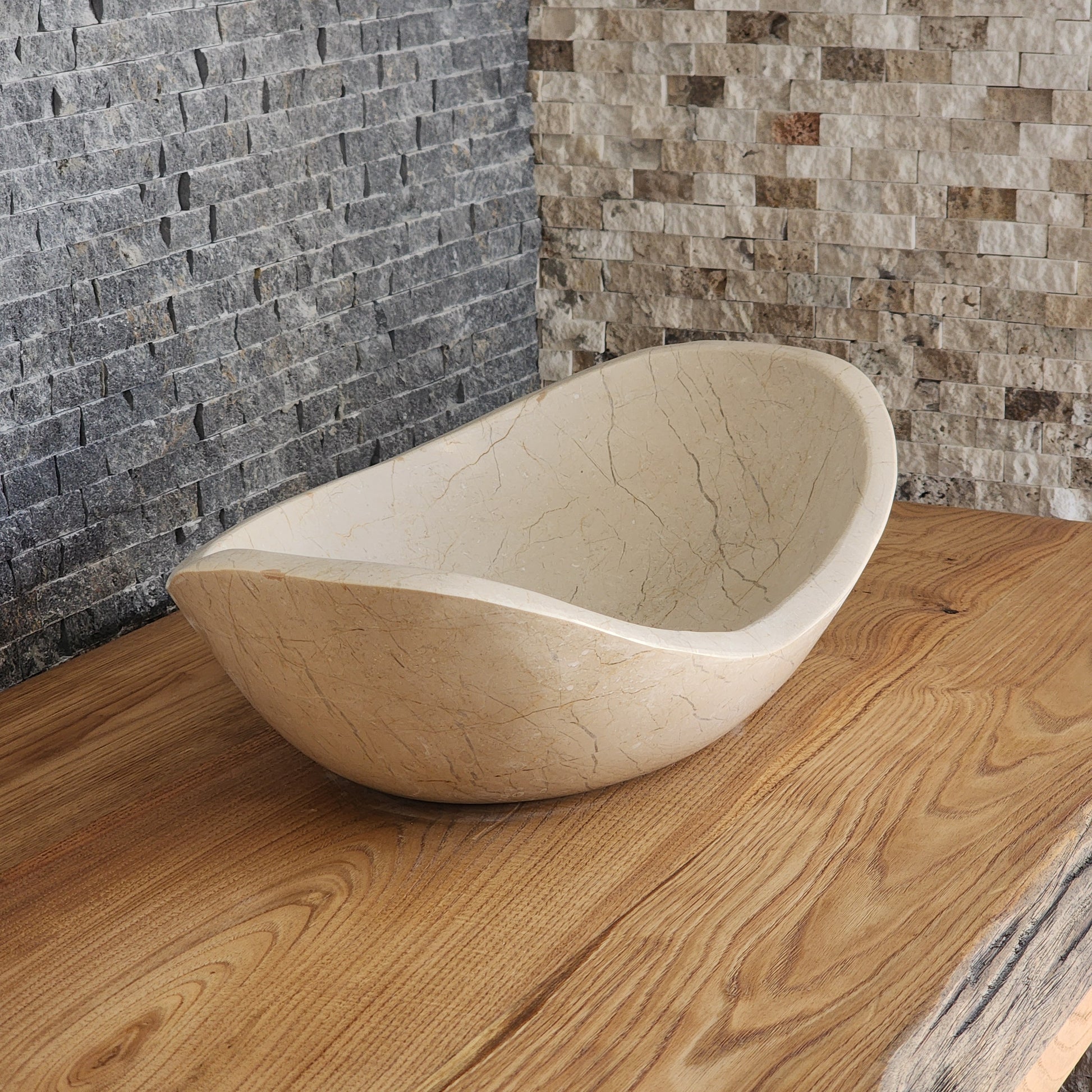 Cream Stone Boat-Shaped Vessel Sink - Sculptural Oval Basin