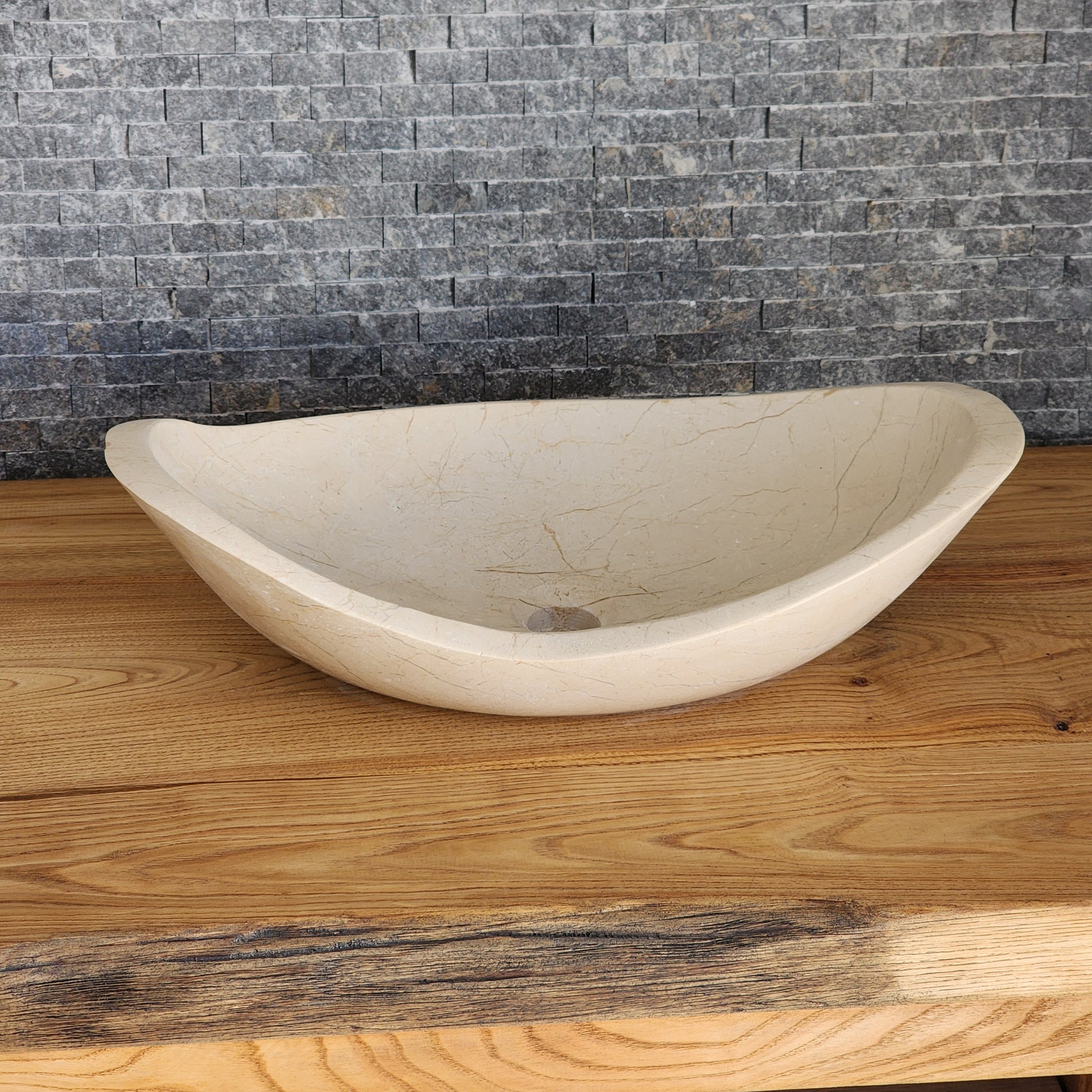 Cream Stone Boat-Shaped Vessel Sink - Sculptural Oval Basin