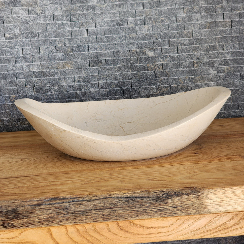 Cream Stone Boat-Shaped Vessel Sink - Sculptural Oval Basin