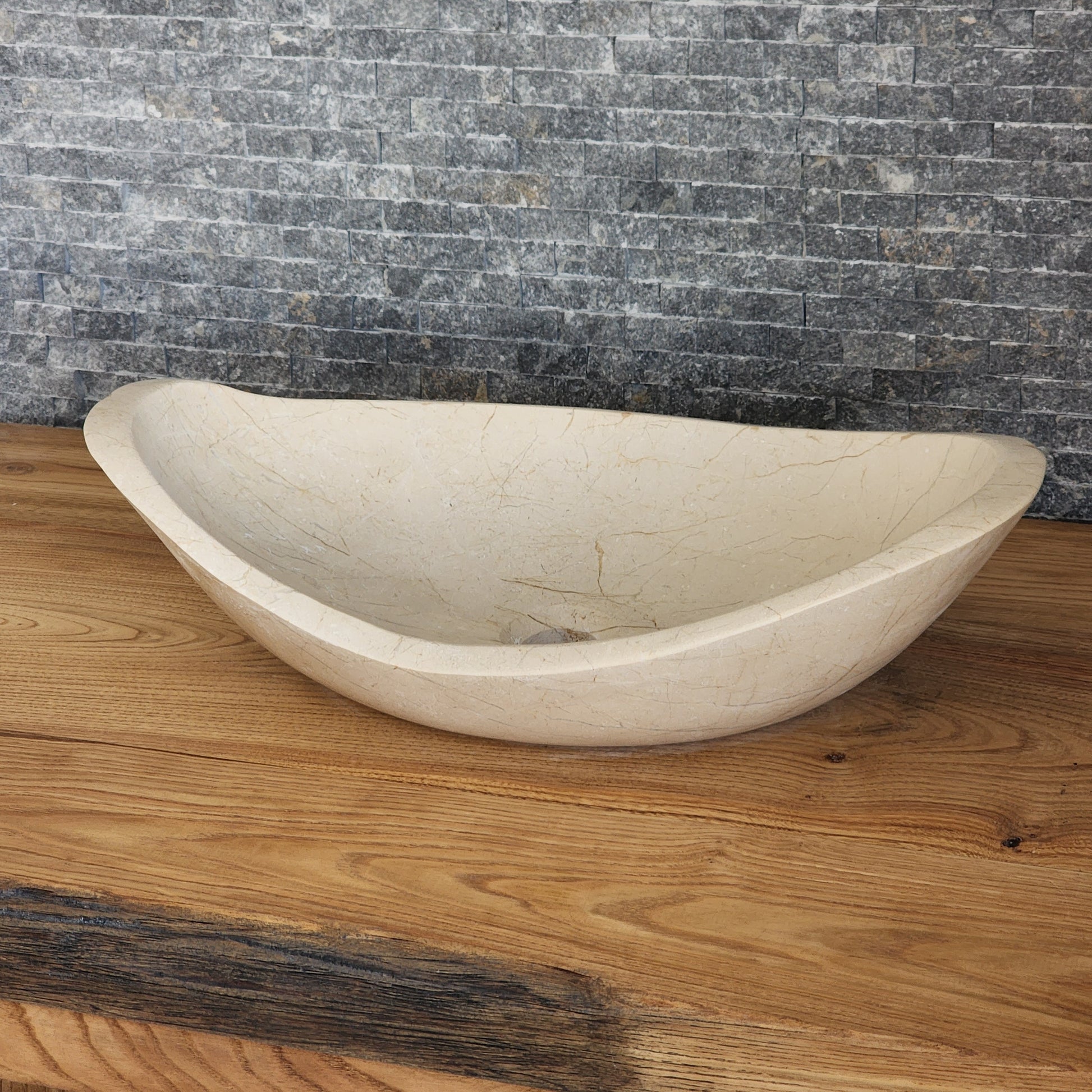 Cream Stone Boat-Shaped Vessel Sink - Sculptural Oval Basin