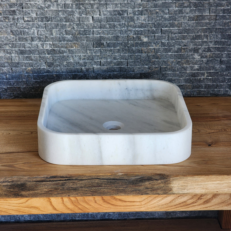 Luminous White Marble Basin - Soft Square Silhouette