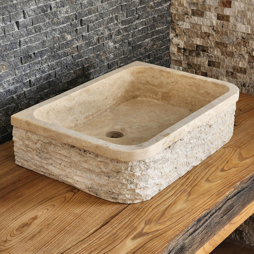 Solid Travertine D-Shaped Vessel Sink - Chiseled Block Basin