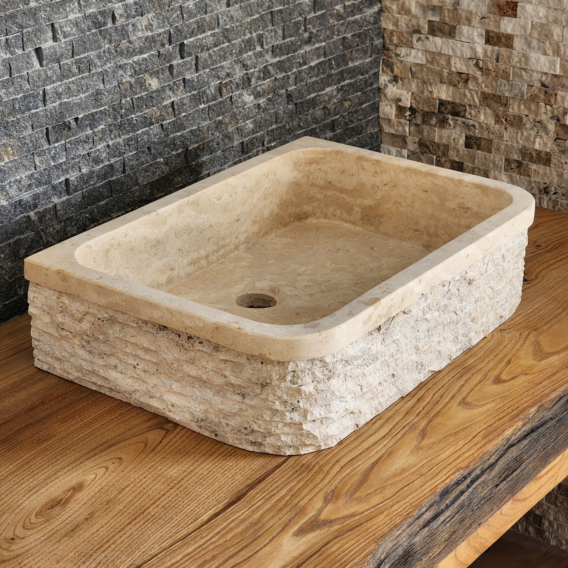 Solid Travertine D-Shaped Vessel Sink - Chiseled Block Basin