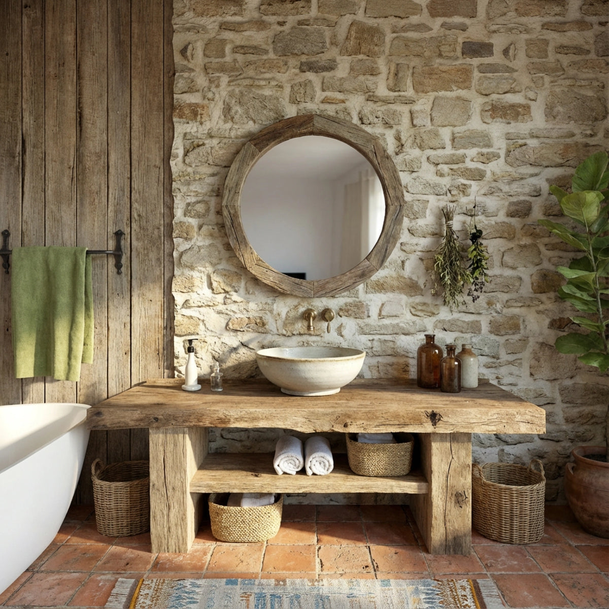 Long Reclaimed Vanity with Basket Storage - Rustic Farmhouse Live Edge