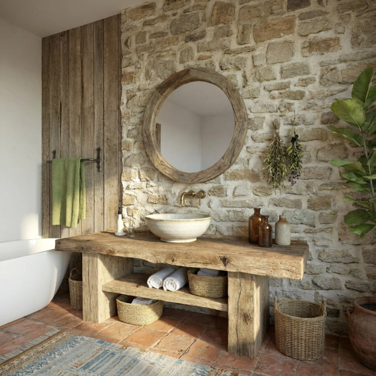 Long Reclaimed Vanity with Basket Storage - Rustic Farmhouse Live Edge