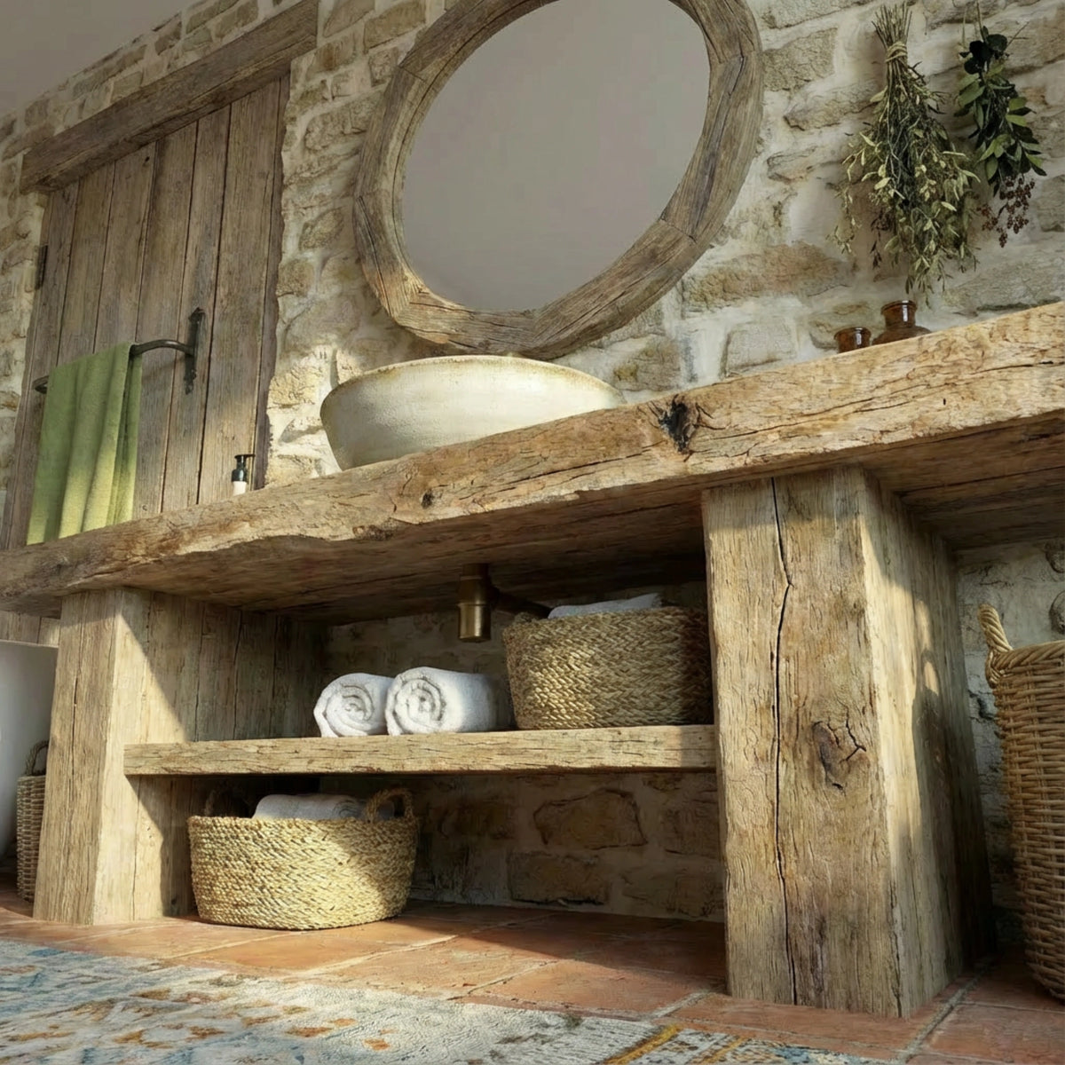 Long Reclaimed Vanity with Basket Storage - Rustic Farmhouse Live Edge