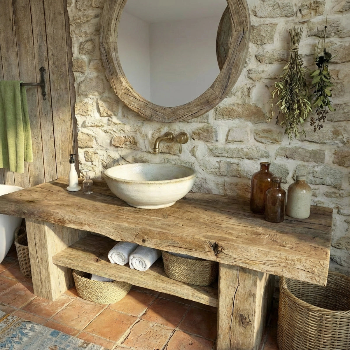 Long Reclaimed Vanity with Basket Storage - Rustic Farmhouse Live Edge