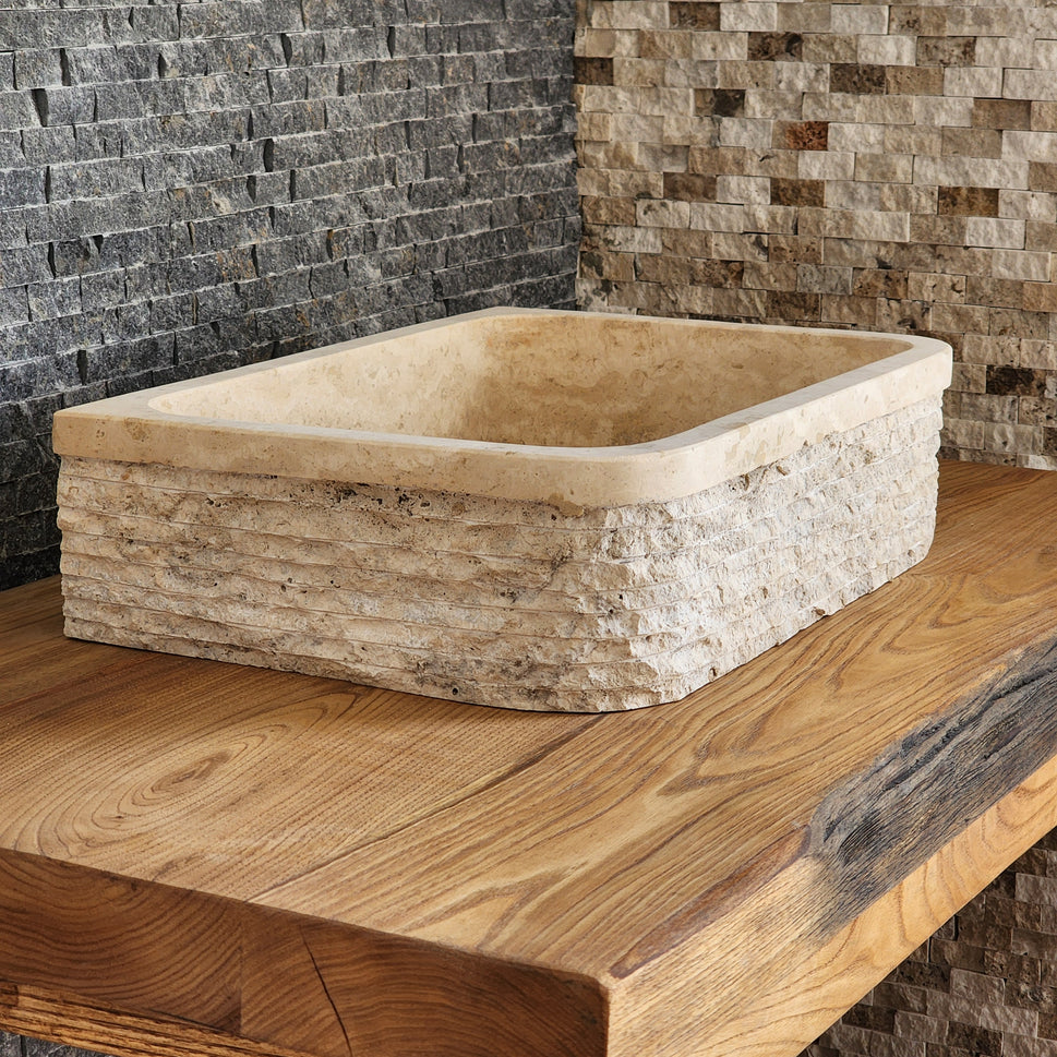 Solid Travertine D-Shaped Vessel Sink - Chiseled Block Basin