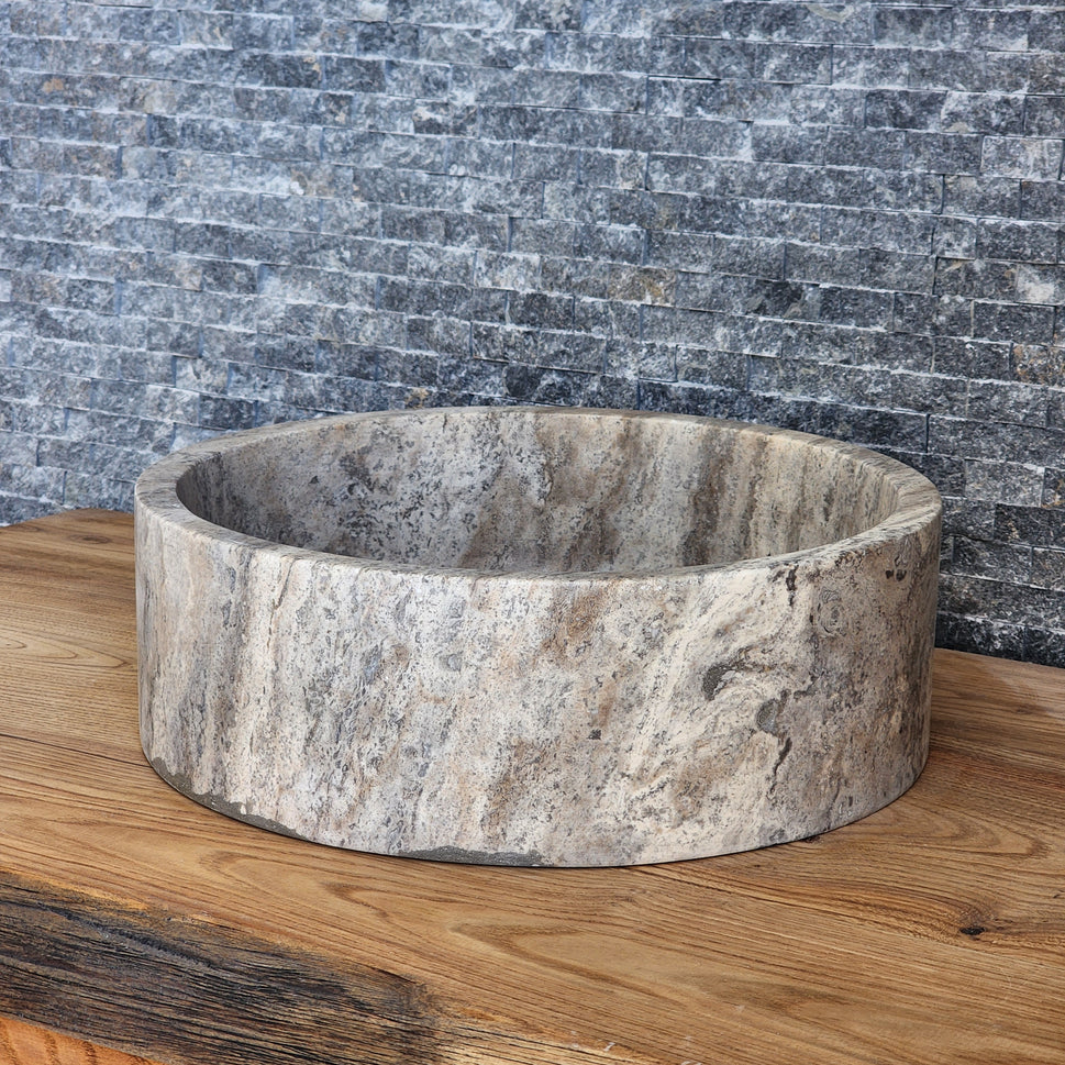 Dark Grey Marble Round Vessel Sink - Solid Stone Barrel Basin