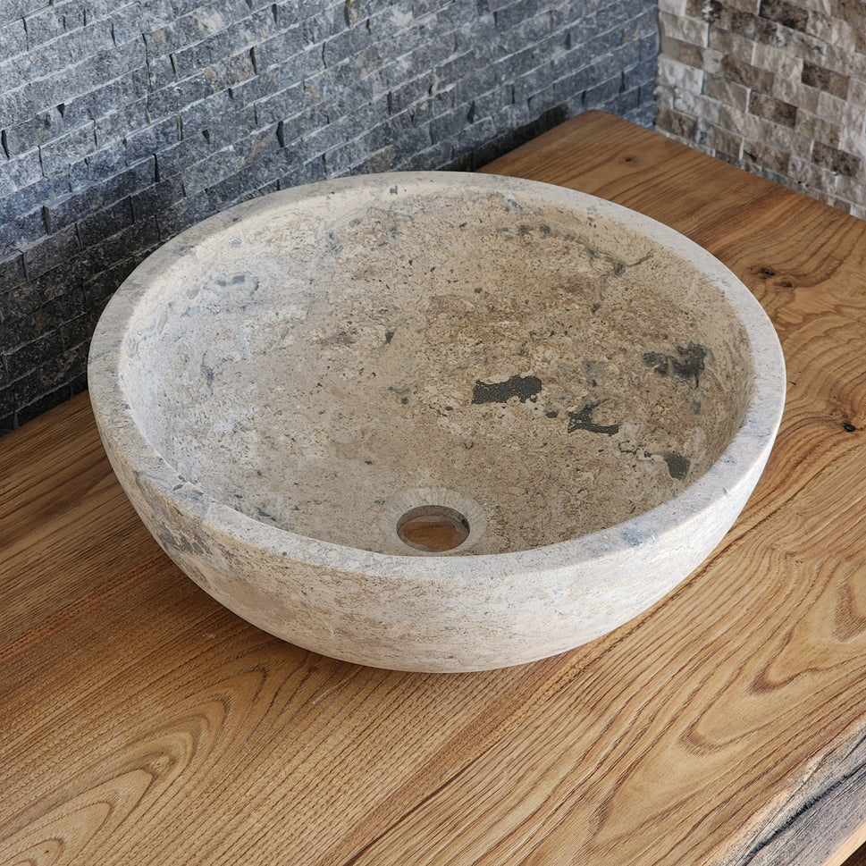 Deep-Pitted Travertine Round Vessel Sink - Raw Natural Stone Basin