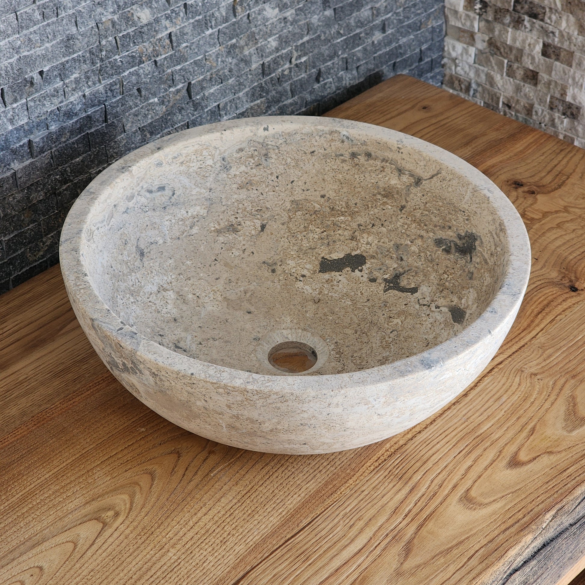 Deep-Pitted Travertine Round Vessel Sink - Raw Natural Stone Basin