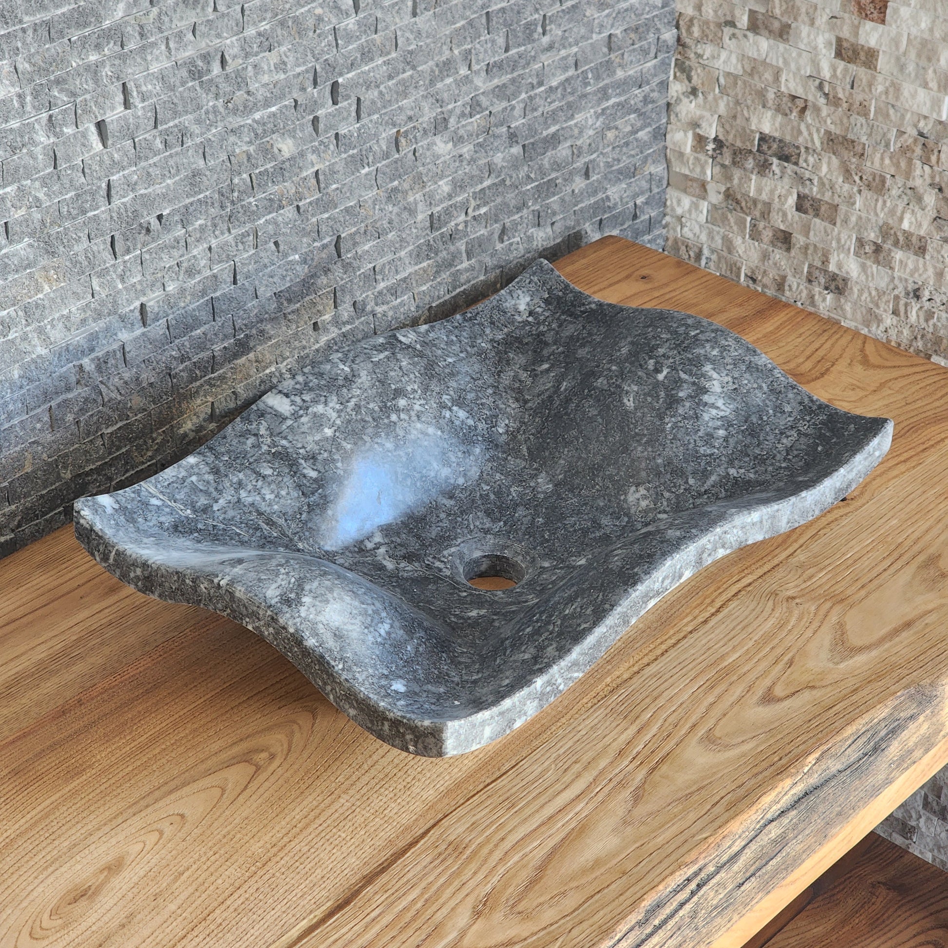 Natural Grey Marble Vessel Sink - Hand-Carved Organic Wave Design