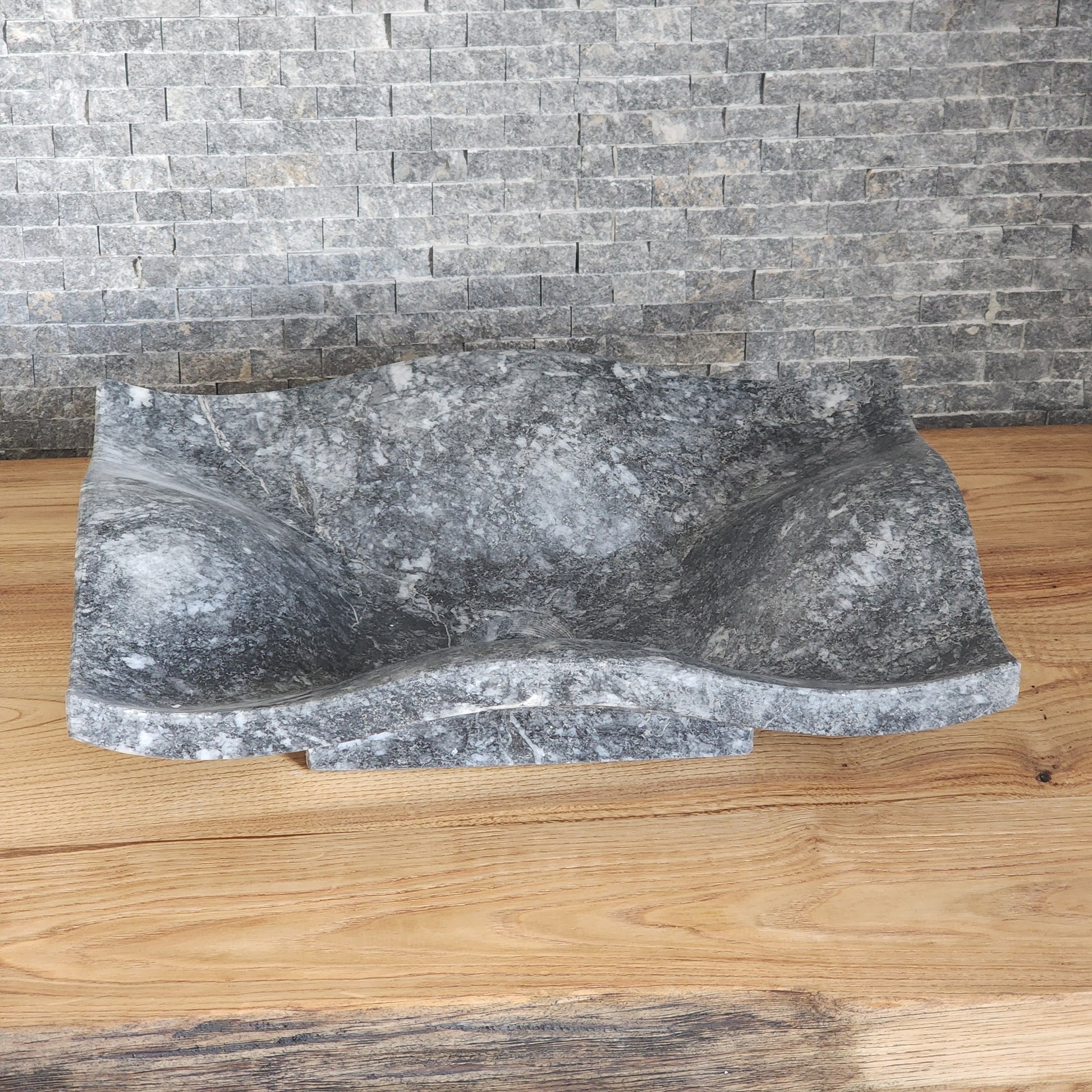 Natural Grey Marble Vessel Sink - Hand-Carved Organic Wave Design