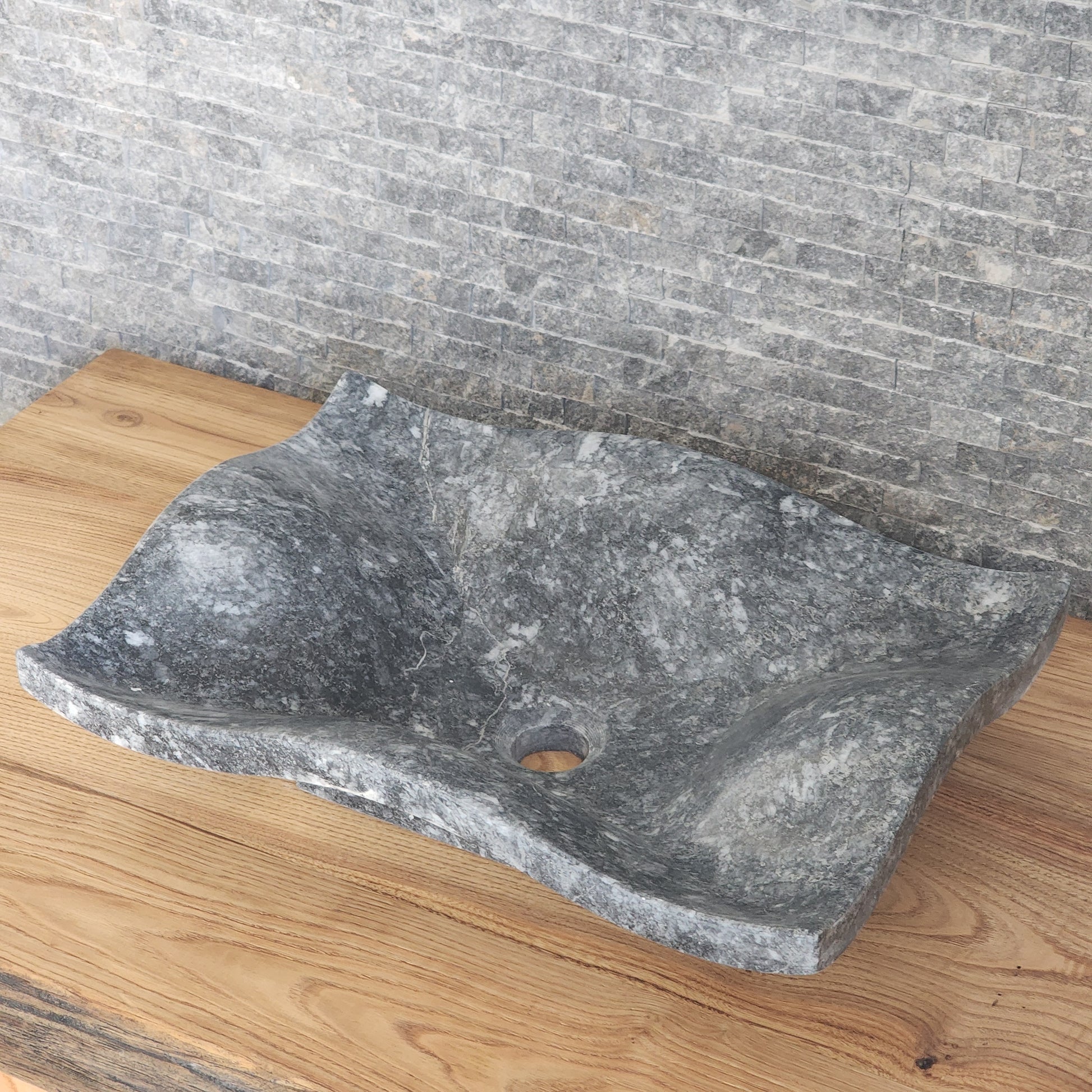 Natural Grey Marble Vessel Sink - Hand-Carved Organic Wave Design