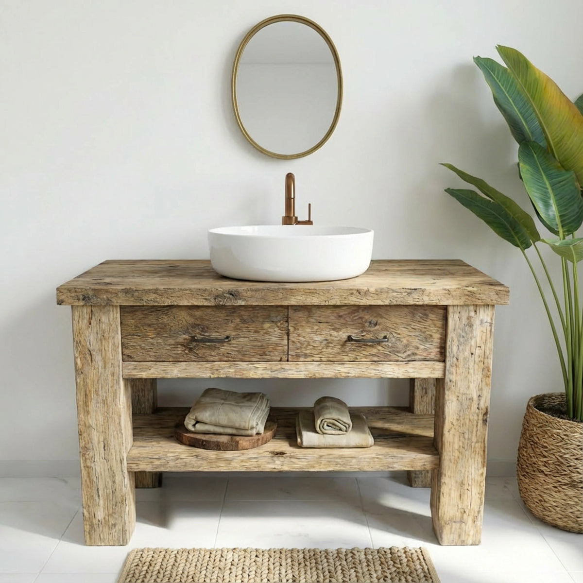 Reclaimed Vanity with Copper Tap and Drawers - Rustic Farmhouse Live Edge