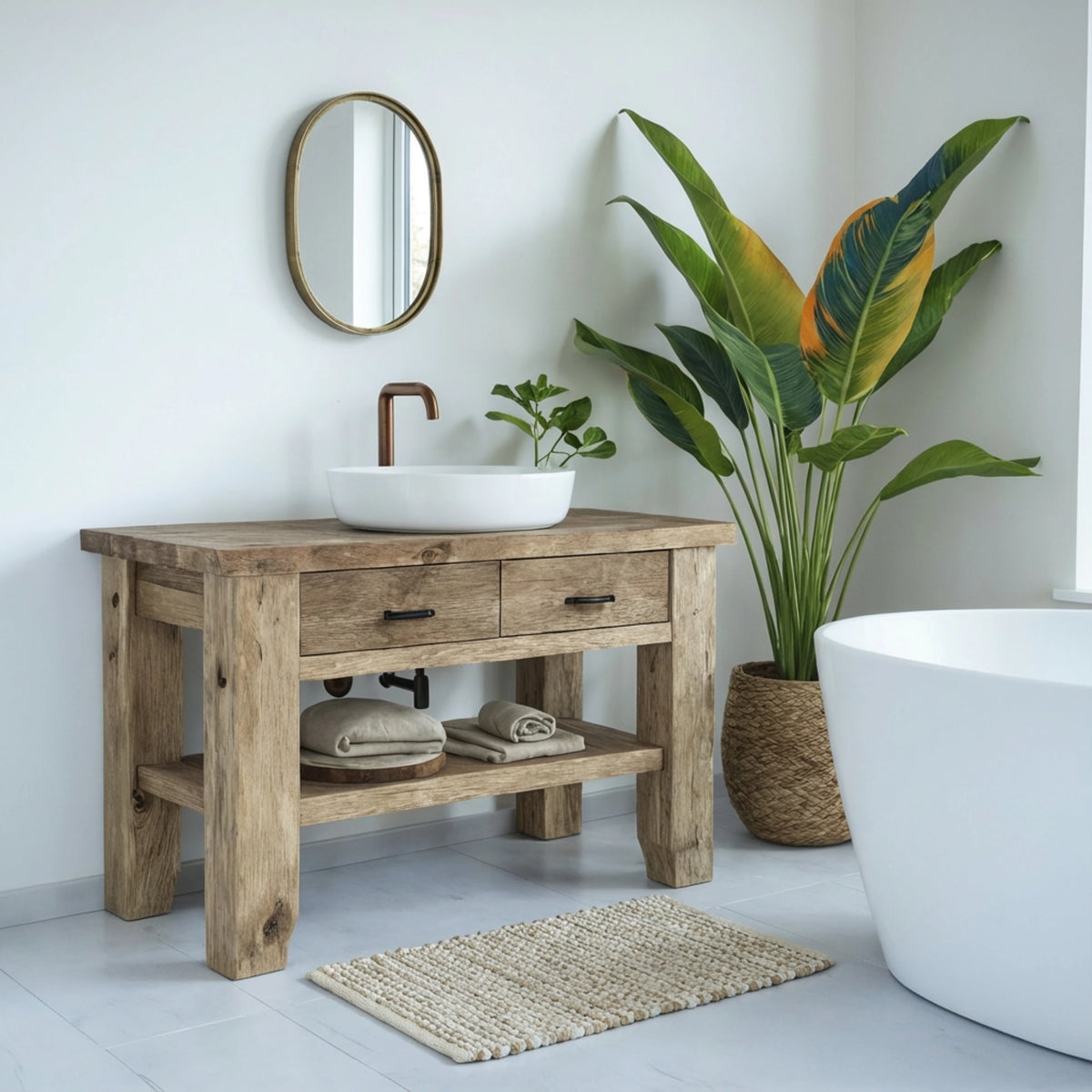 Reclaimed Vanity with Copper Tap and Drawers - Rustic Farmhouse Live Edge