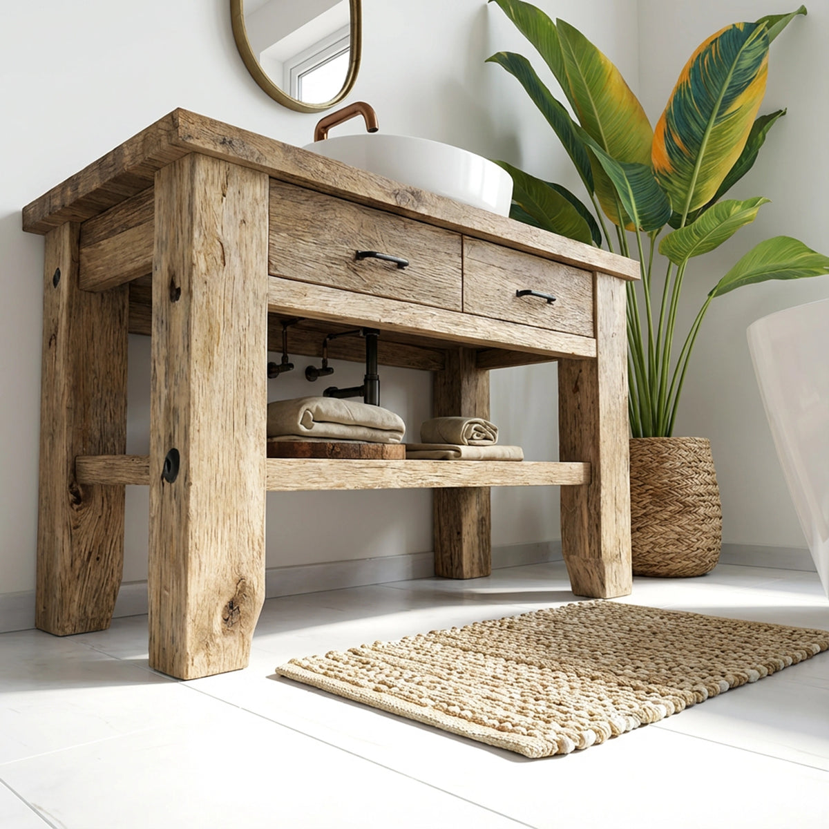 Reclaimed Vanity with Copper Tap and Drawers - Rustic Farmhouse Live Edge